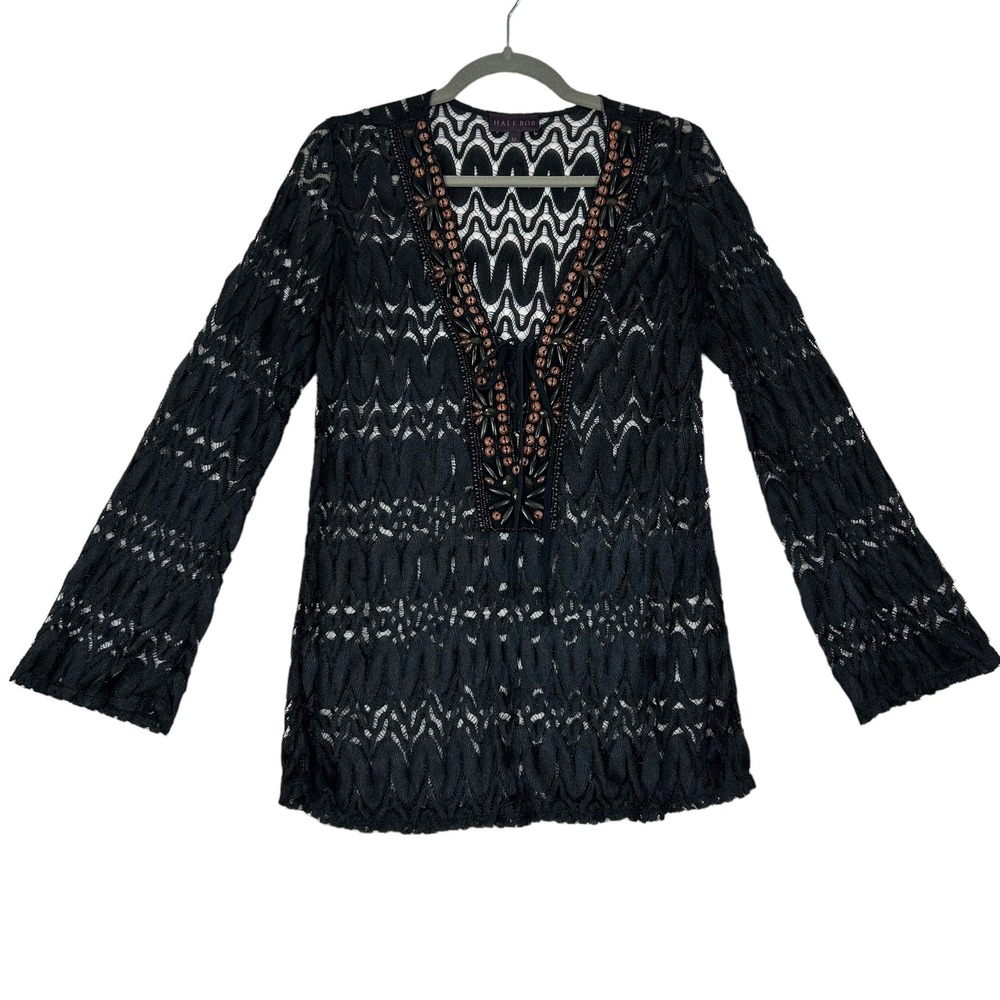Hale Bob Lace V-neck Beaded Long Sleeves Top Size Medium